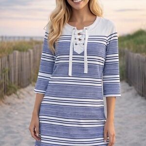 EUC Vineyard Vines Women's Blue White Yacht Stripe Tie Front Knit Dress SMALL